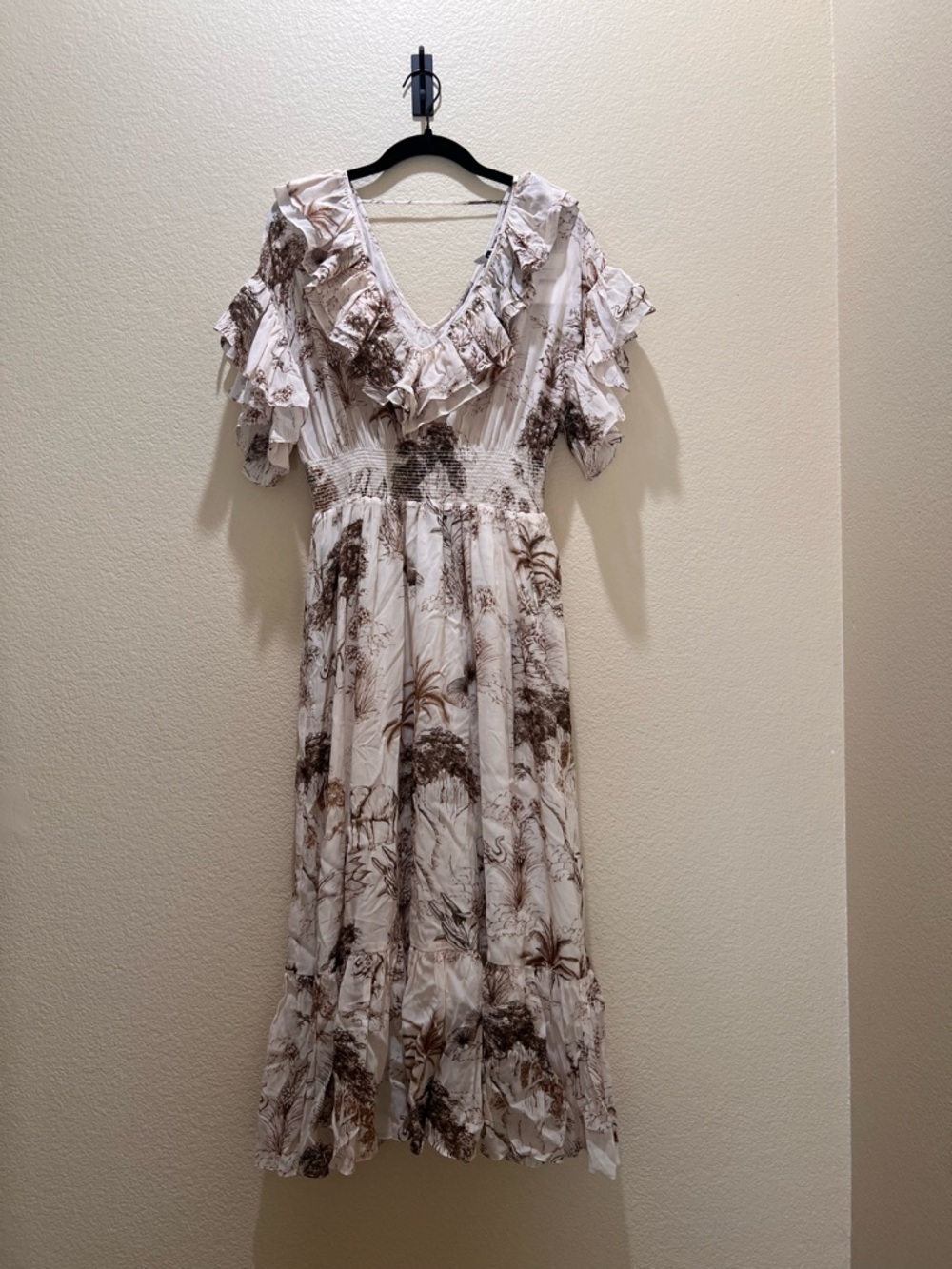 Sandro Cream Maxi Dress with Brown Print